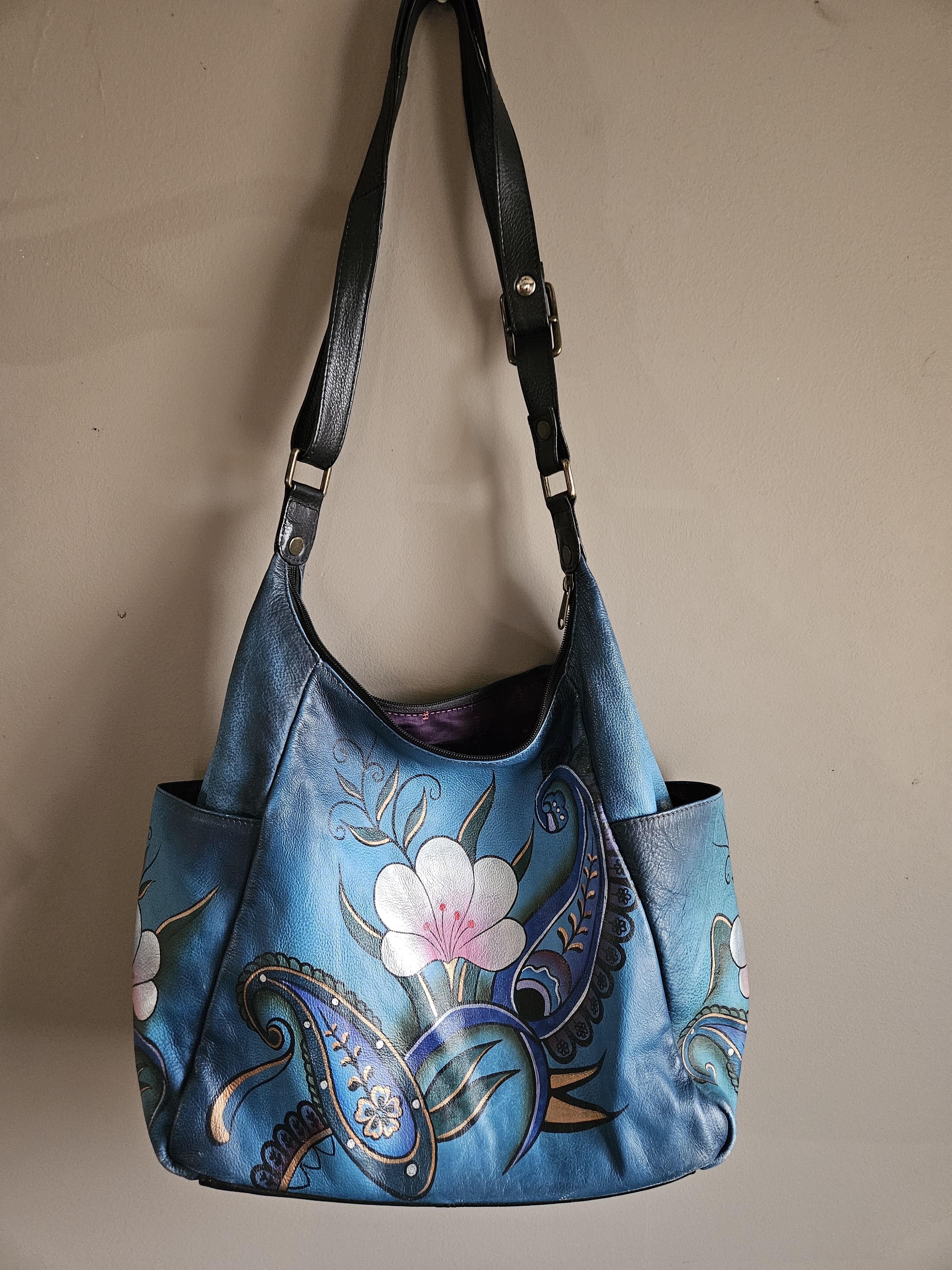 Anuschka Blue Floral Leather Shoulder Bag